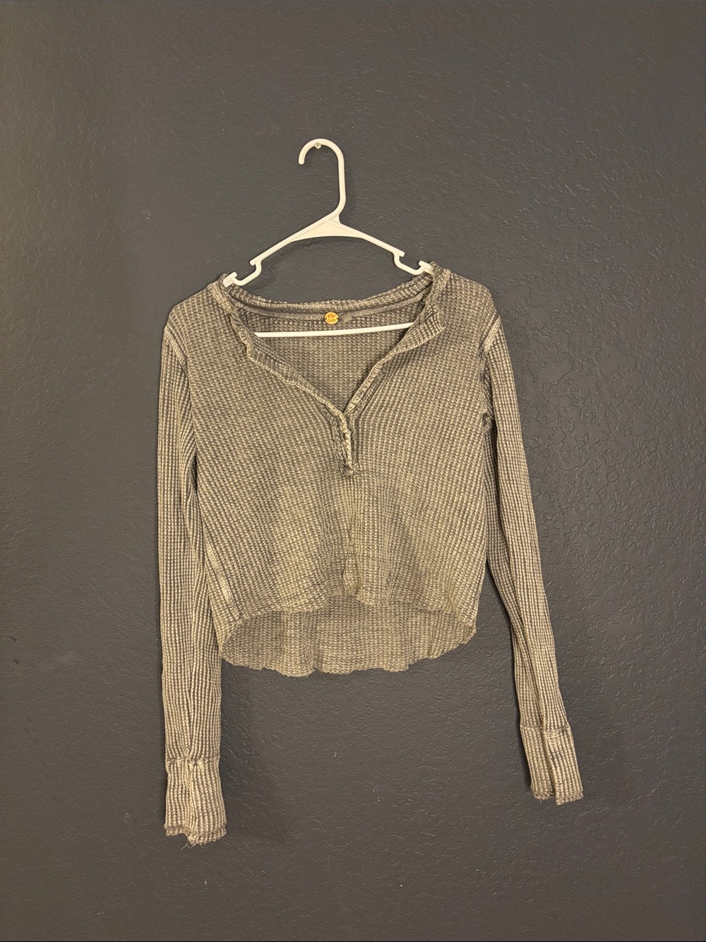 Free People Gray Waffle Knit Henley Long-Sleeve Top